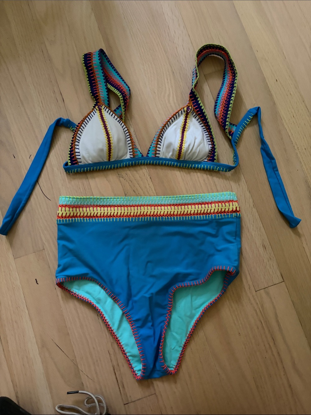 Turquoise Crochet-Trim High-Waist Bikini Set (reversible bottom)